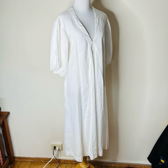 LJC Designs White Linen Charlotte Balloon Sleeve Midi Dress - Picture 6 of 10